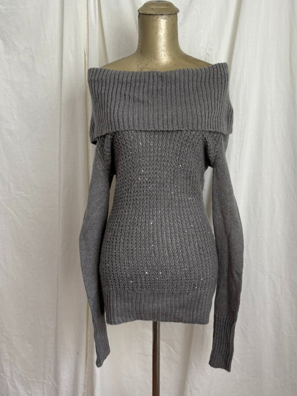 Vintage Y2K Candie's Gray Sparkle Off The Shoulder Long Sleeve Sweater M Sequins
